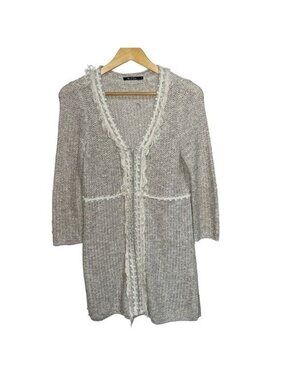 Nic & Zoe Cardigan Womens S Beige Open Knit Fringe Trim 3/4 Sleeve Lightweight